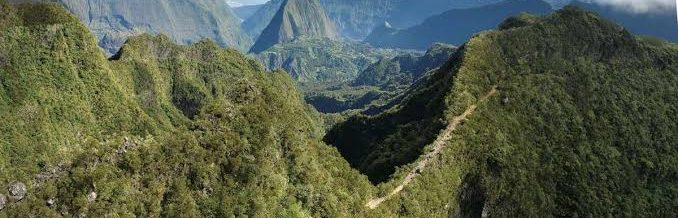 The Sentier Scout trail winding along the ridgelines above Mafate, Reunion Island