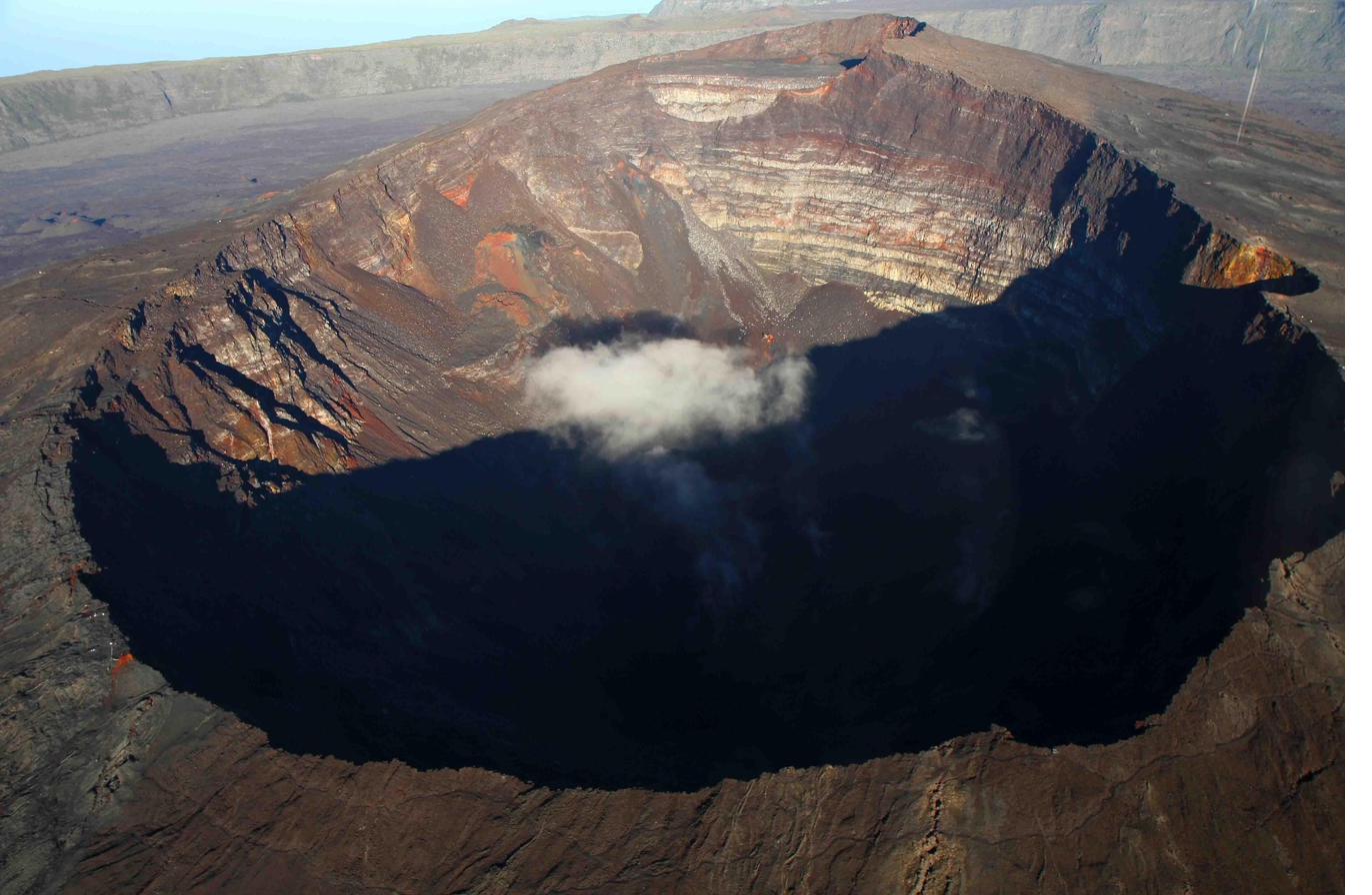 Aerial view into the crater of Piton de la Fournaise volcano, Reunion Island