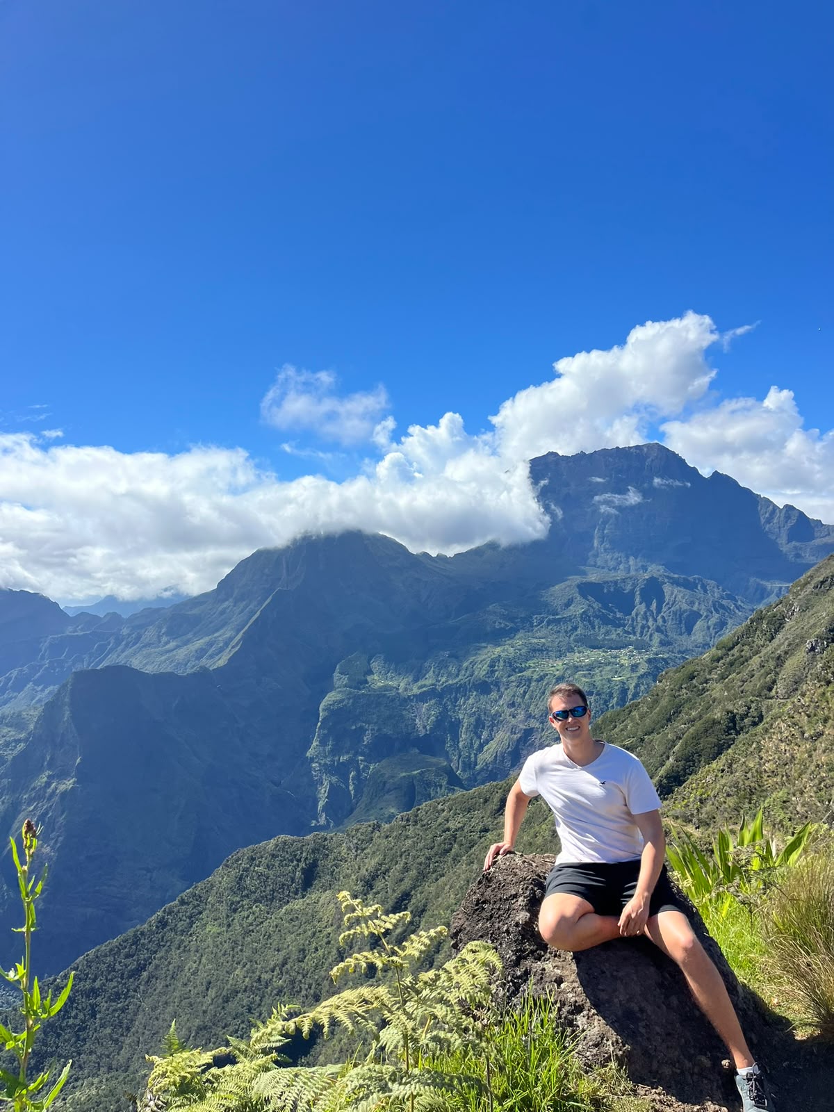 Krisztian at a mountain viewpoint overlooking the cirques, Reunion Island